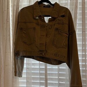 Stylish Distressed Denim Jacket in Tan
